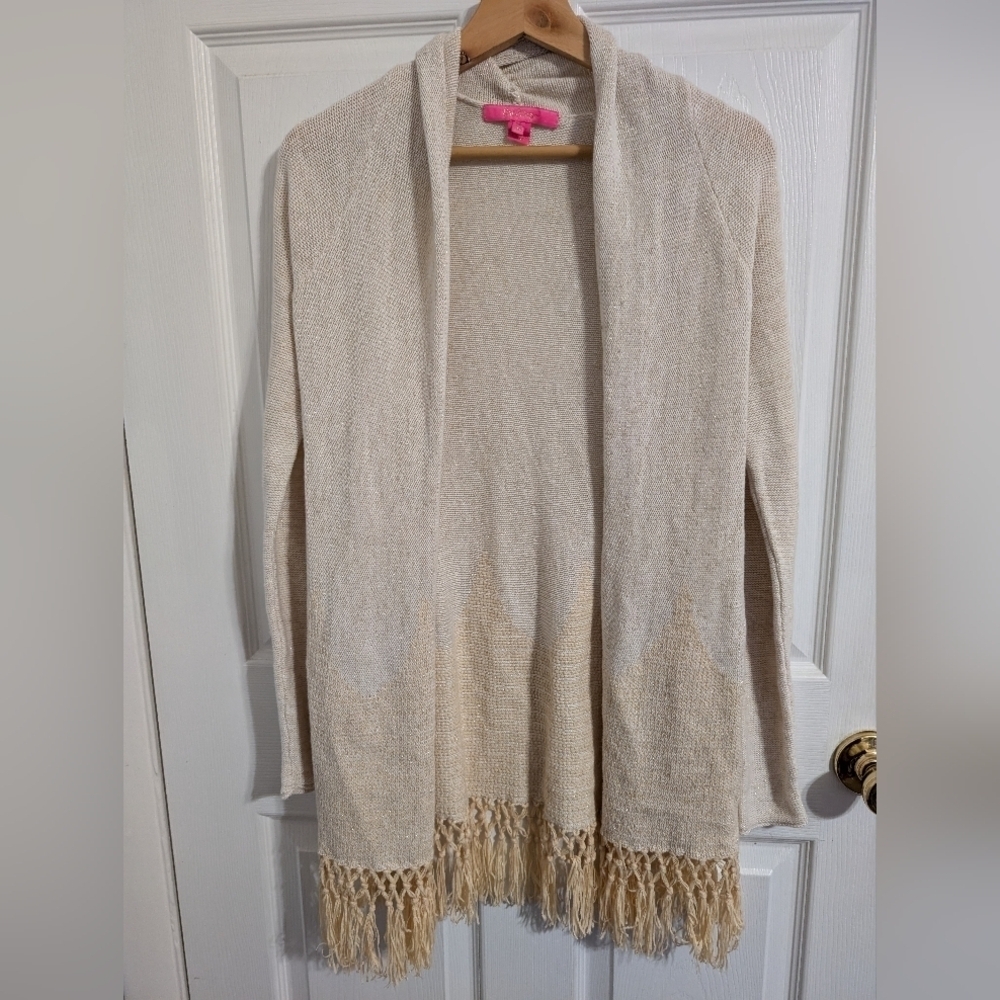 Lilly Pulitzer Womens Sweater Tatum Long Fringe Cardigan Beige Metallic Size XS